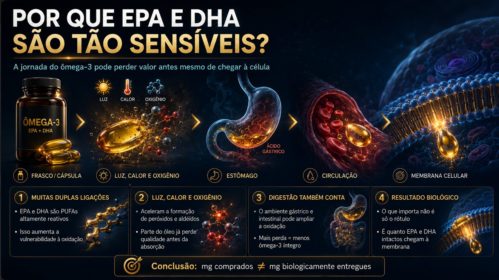 Por que EPA e DHA são tão sensíveis — jornada da cápsula à membrana celular