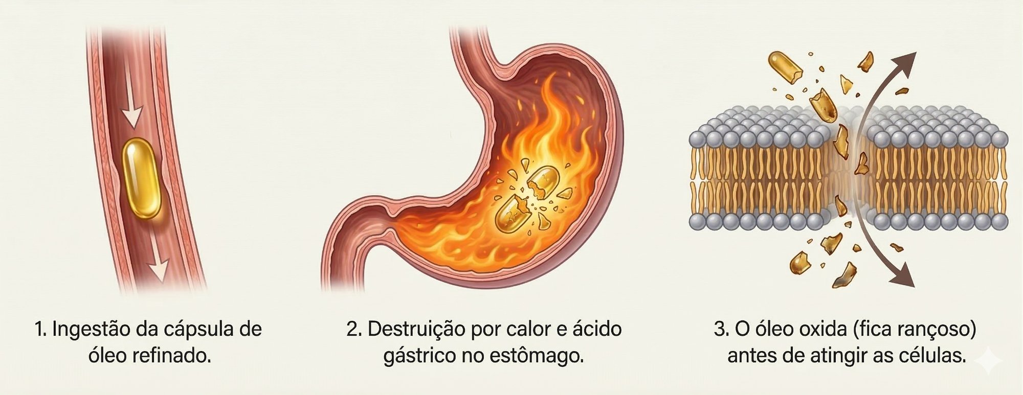 3 passos da oxidação: ingestão, destruição gástrica, oxidação celular